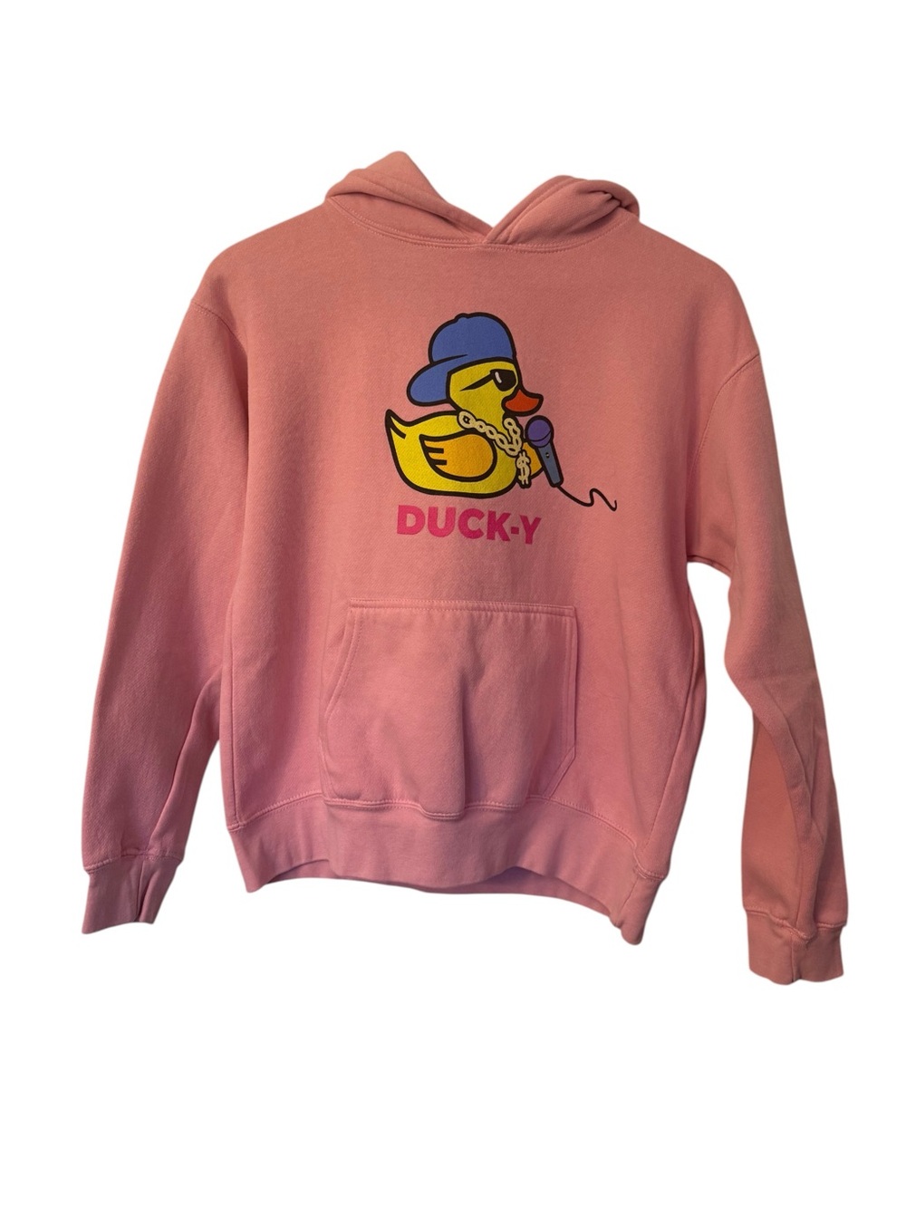 Pink DUCK-Y brand unisex hoodie featuring rapper duck graphic. Youth Sz XL
